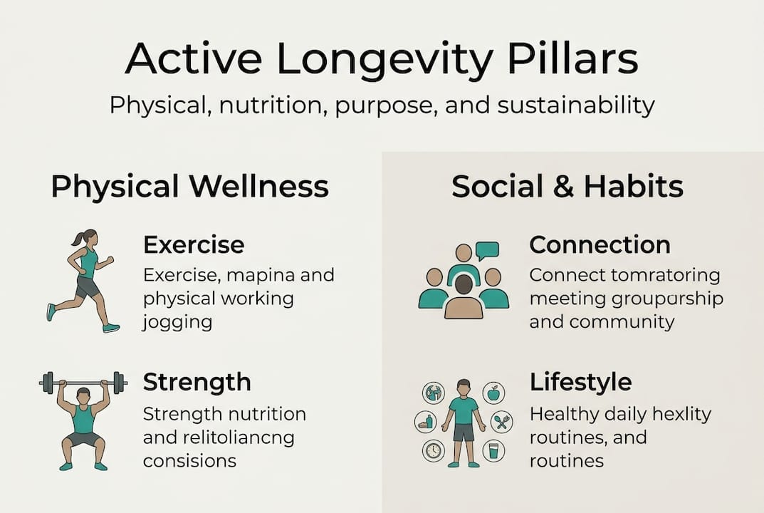 Infographic showing pillars of active longevity