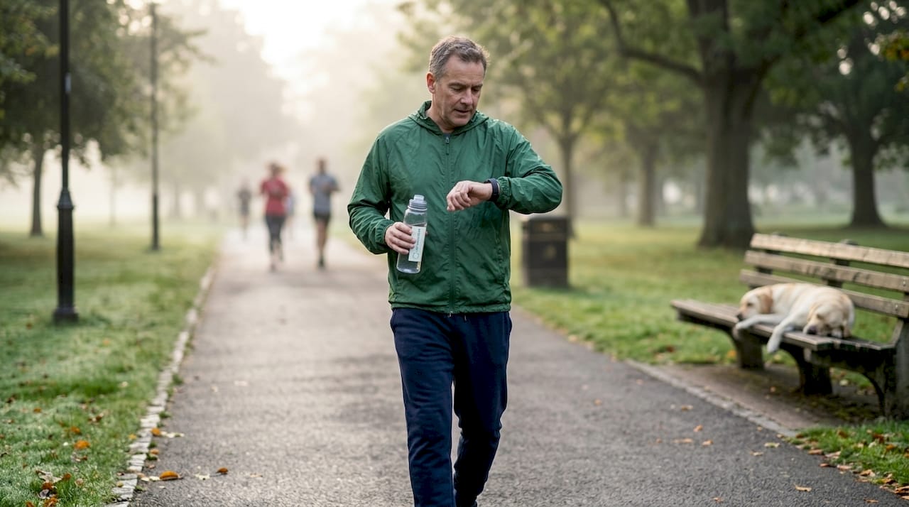 Man walking with tracker in city park morning