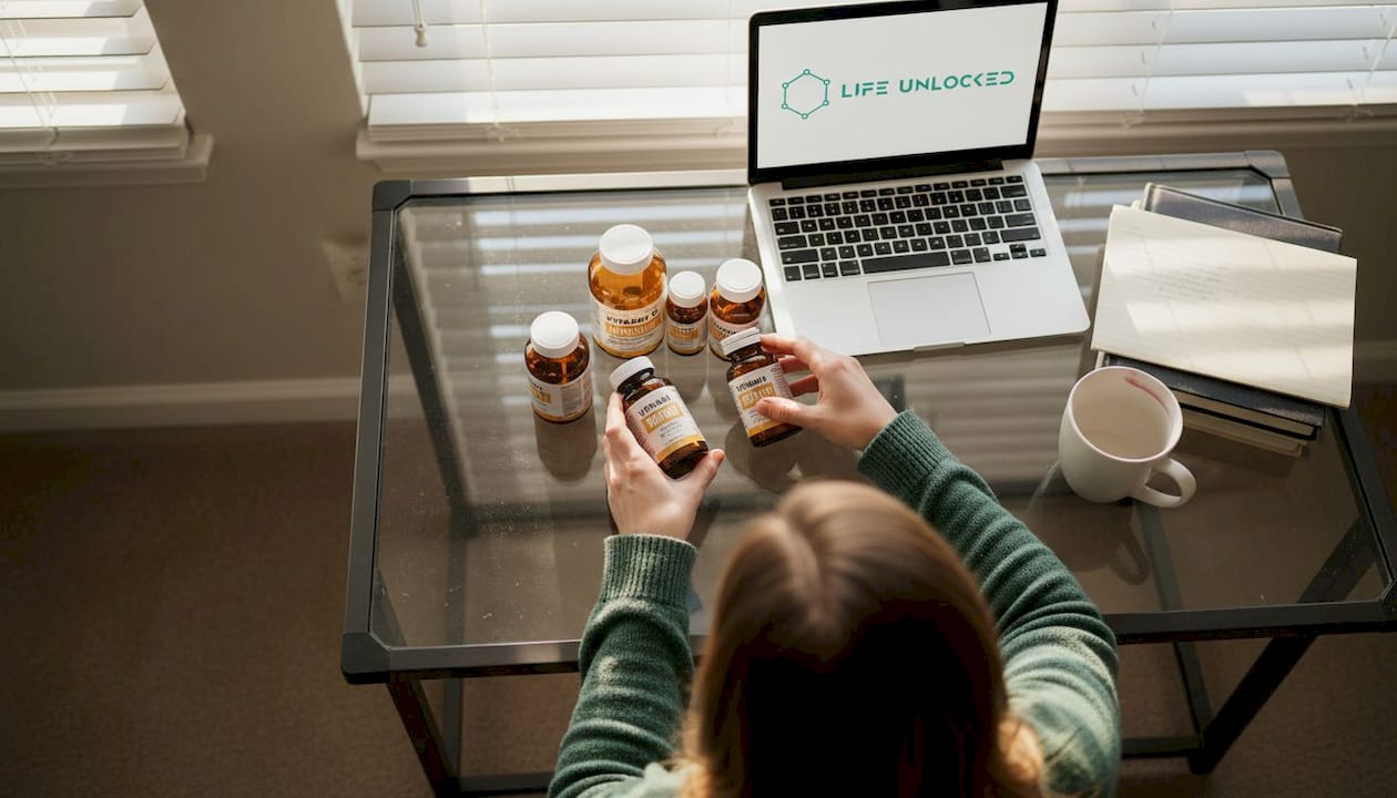 Woman sorting vitamin bottles at home desk