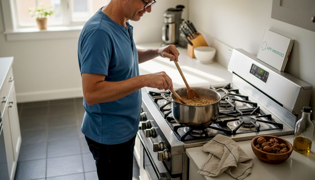 Man stirring lentil stew in home kitchen