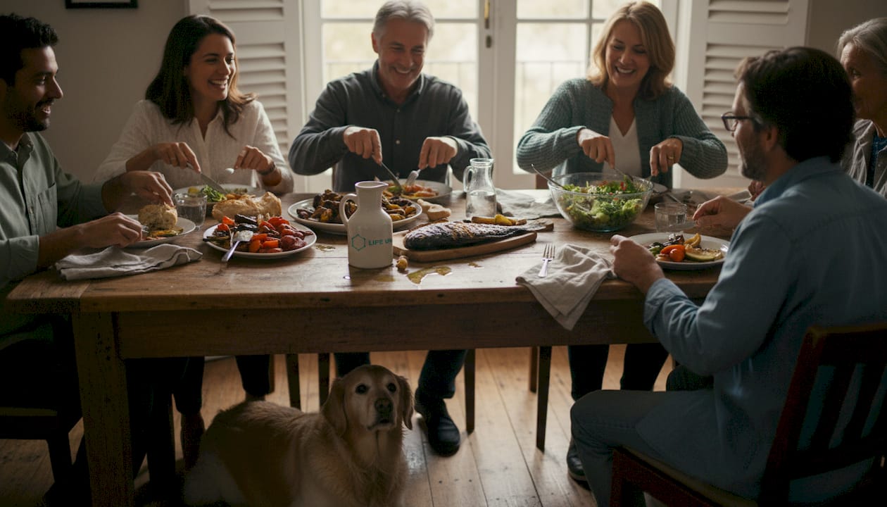 Family sharing Mediterranean style dinner together