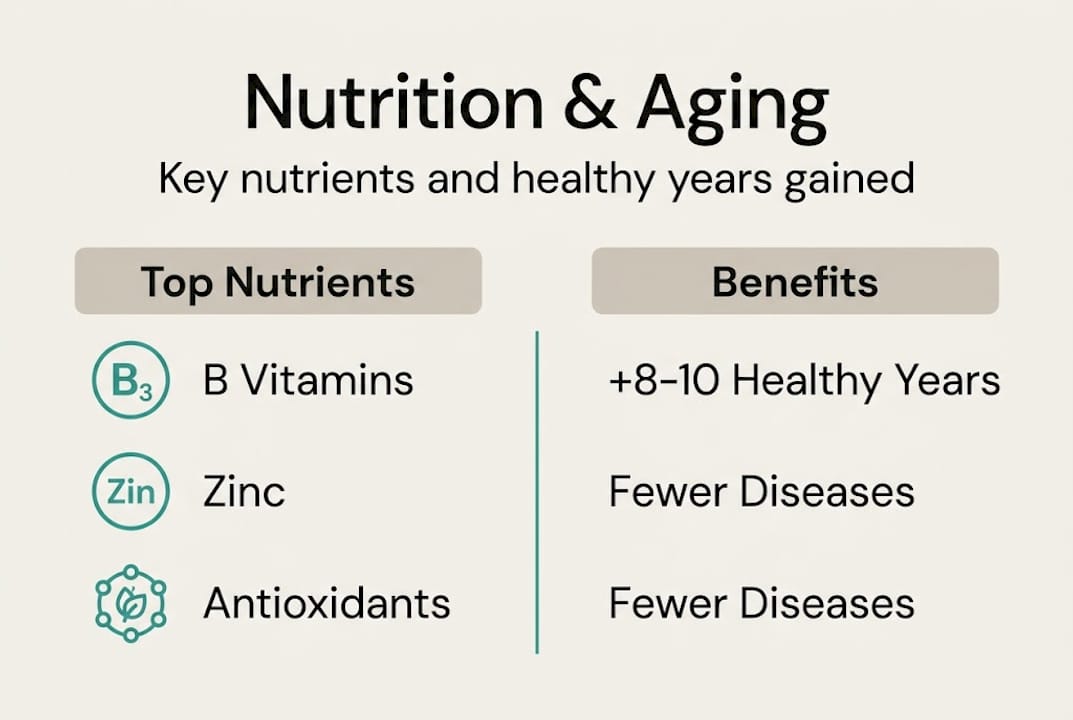 Nutrition and aging infographic with nutrients and benefits