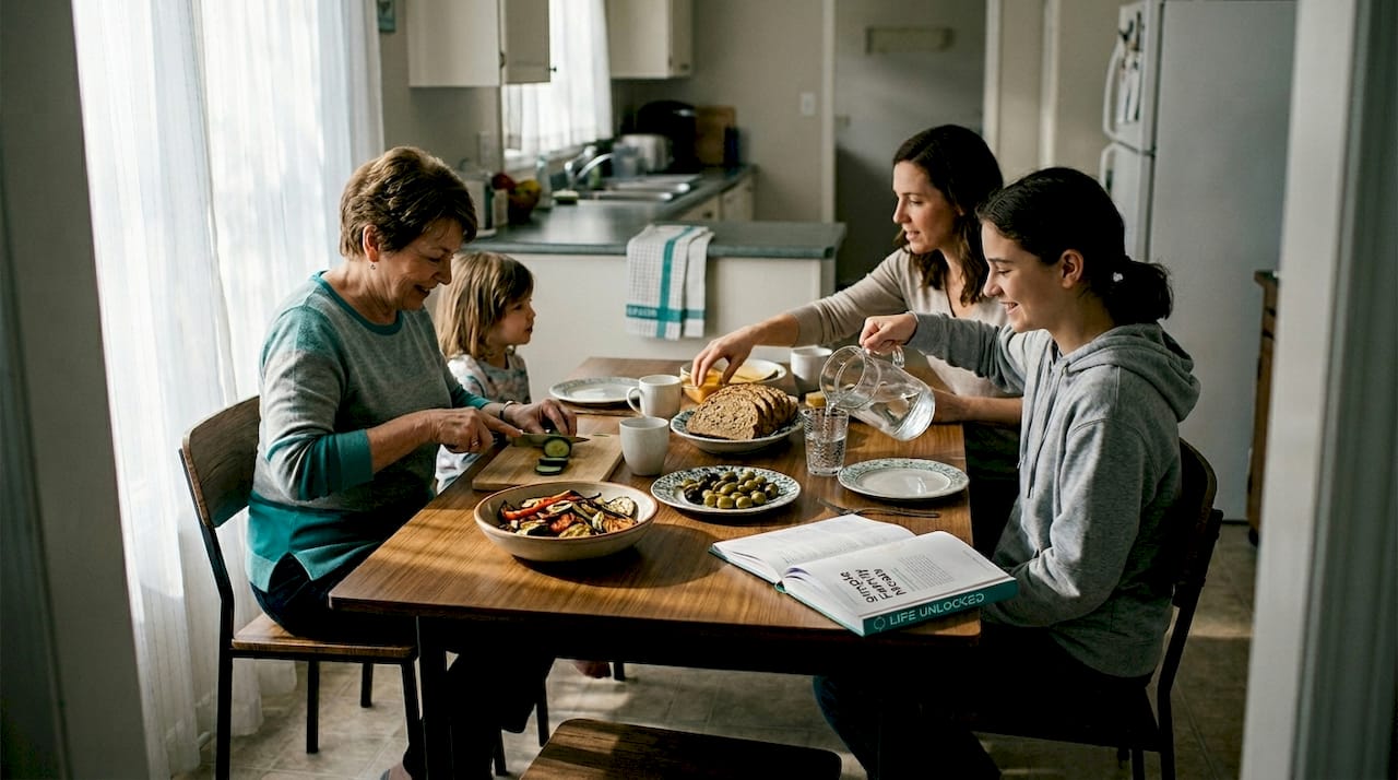 Family sharing Mediterranean style meal together