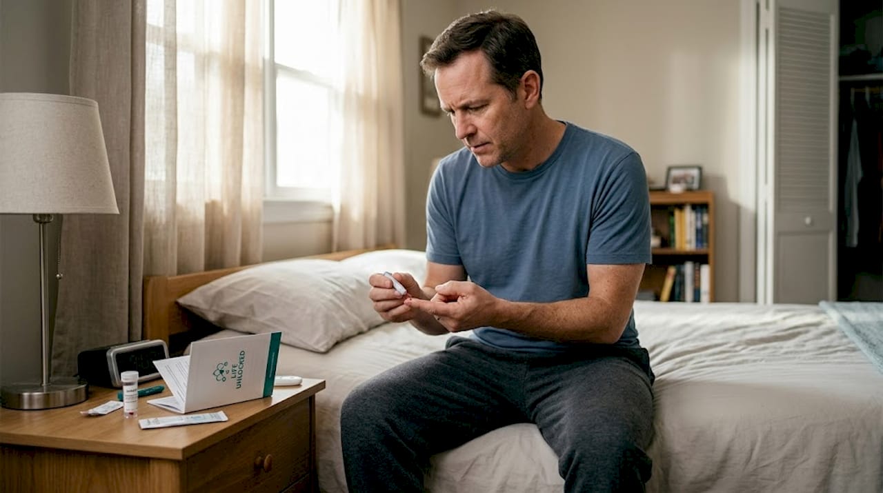 Man collecting blood for home biomarker test