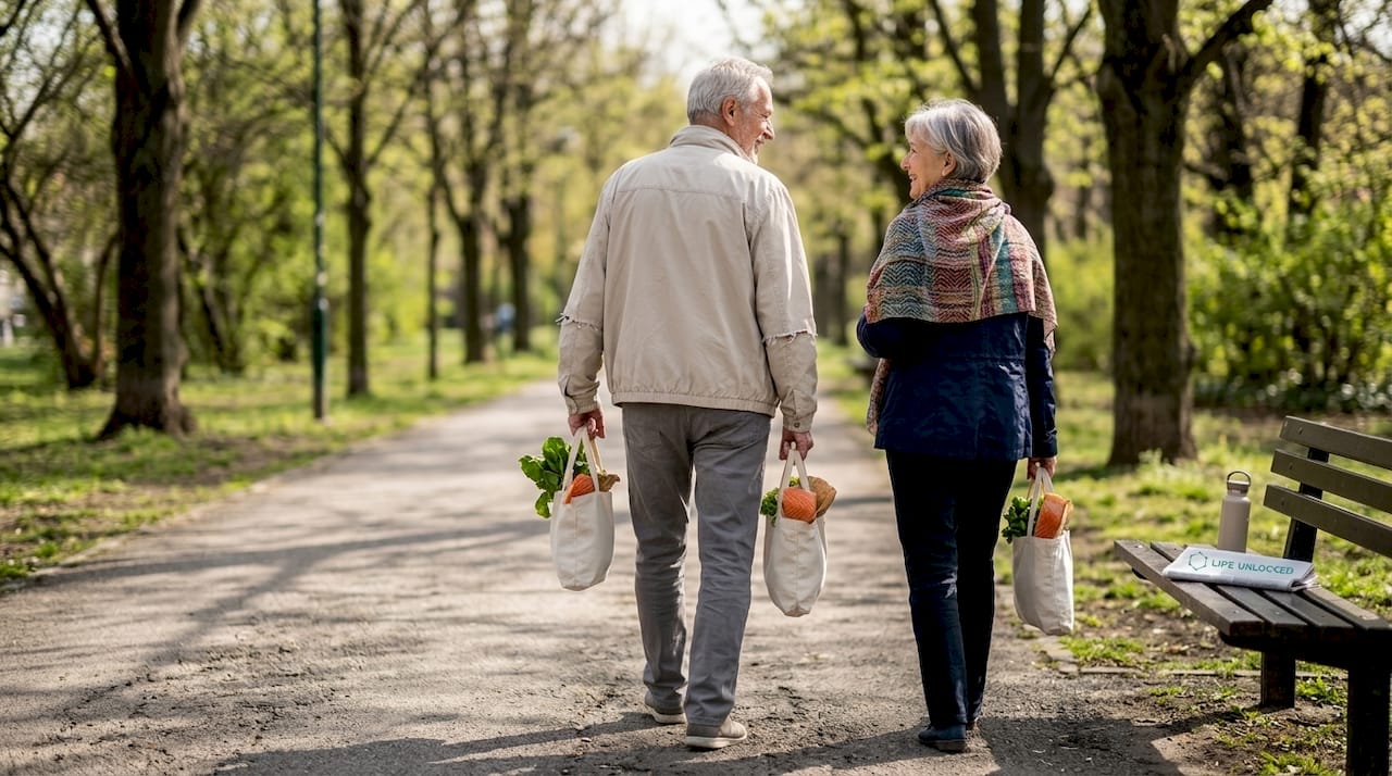 Senior couple walking in park with groceries