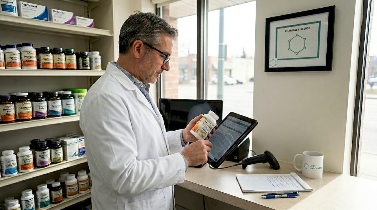 Pharmacist examining supplement bottle for quality