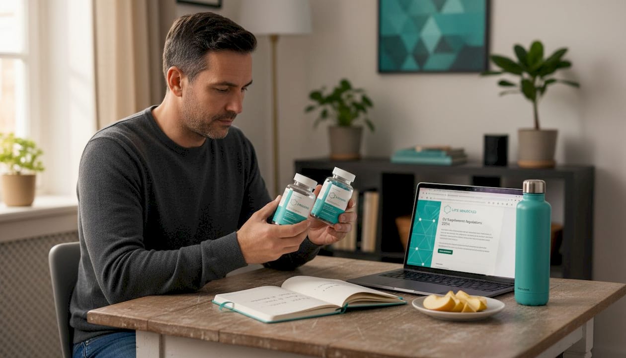 Man compares supplement bottles at dining table