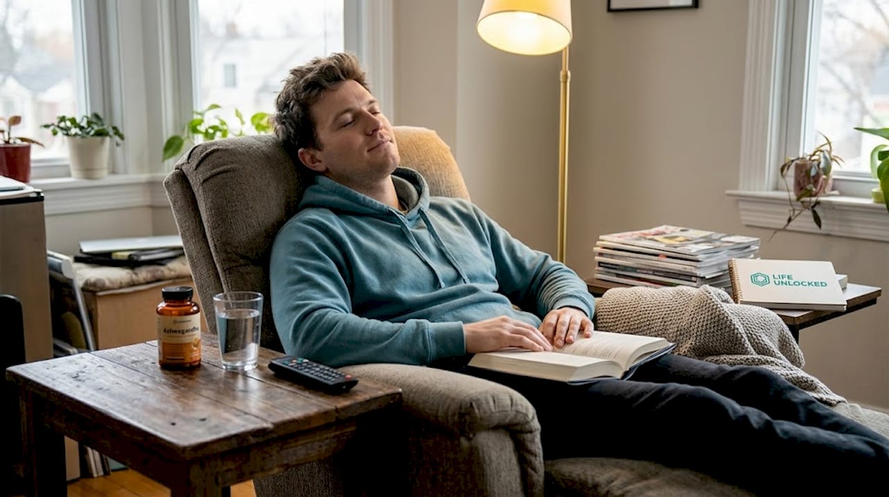 Man relaxing in chair next to ashwagandha bottle