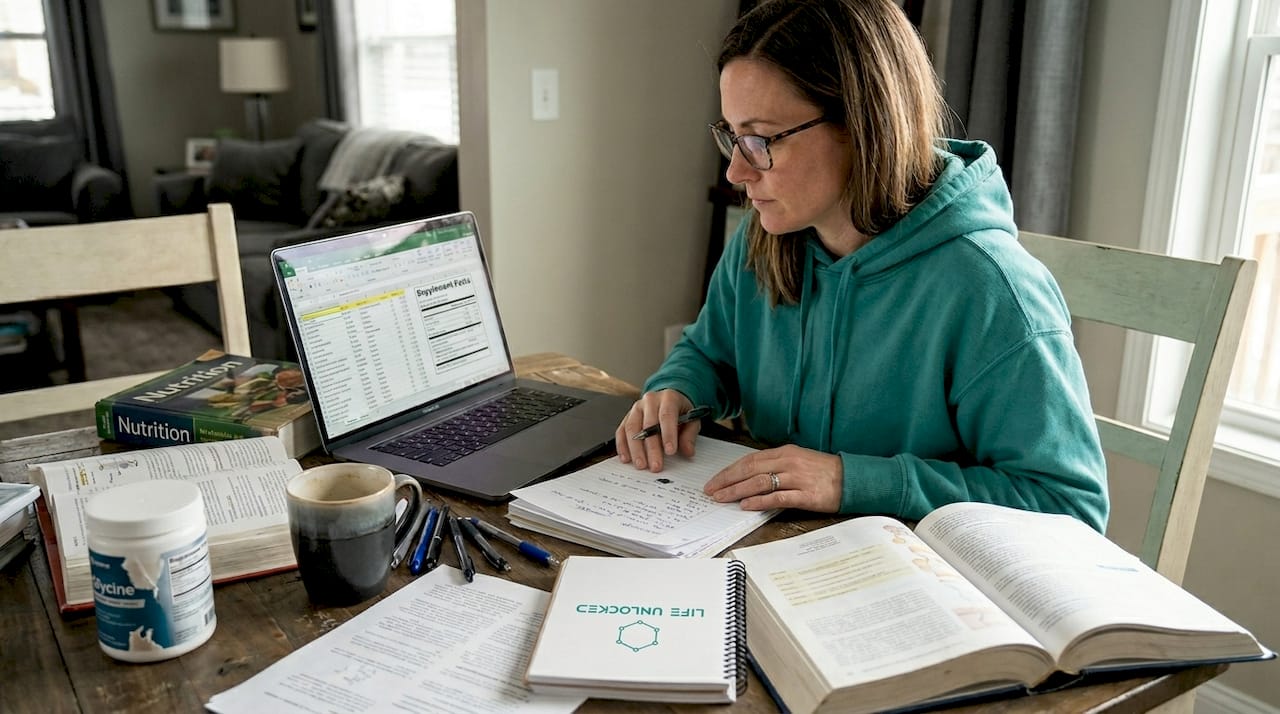 Woman researching glycine at dining table