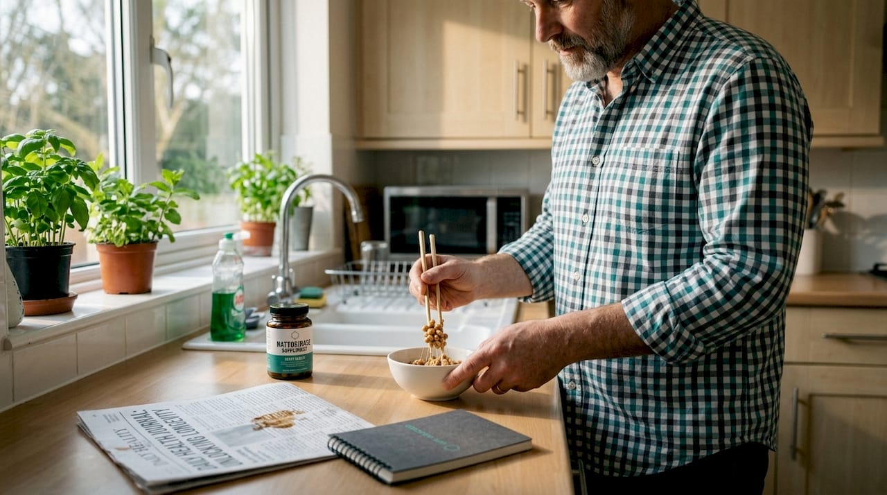 Man preparing natto with supplement nearby
