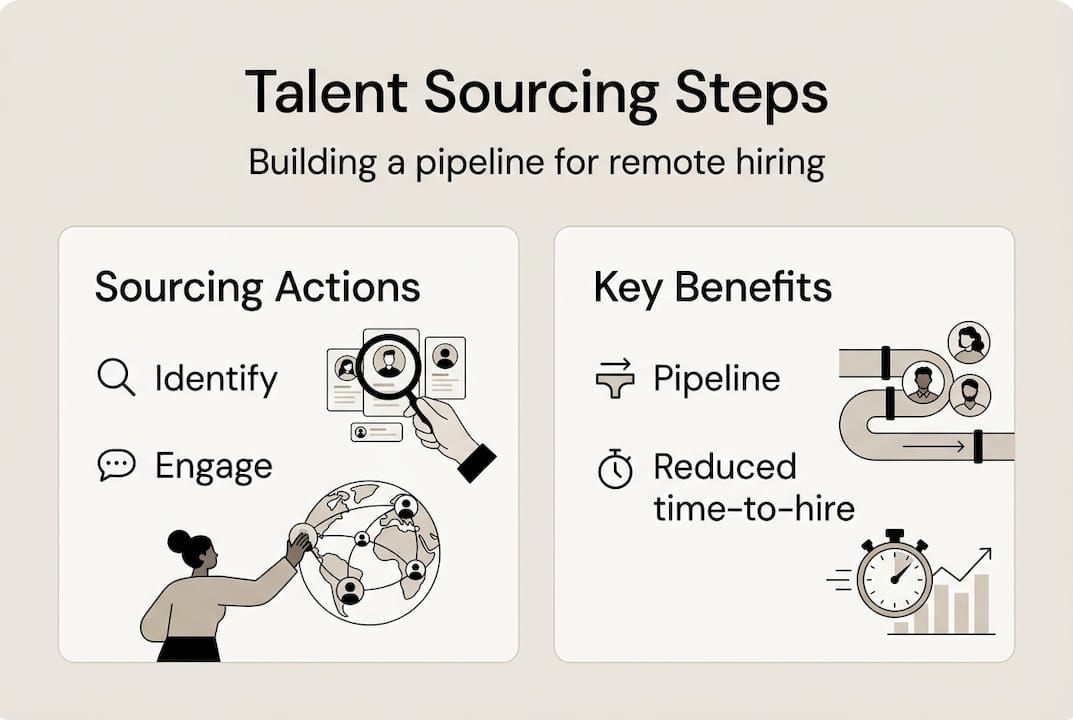 Infographic showing talent sourcing steps and benefits