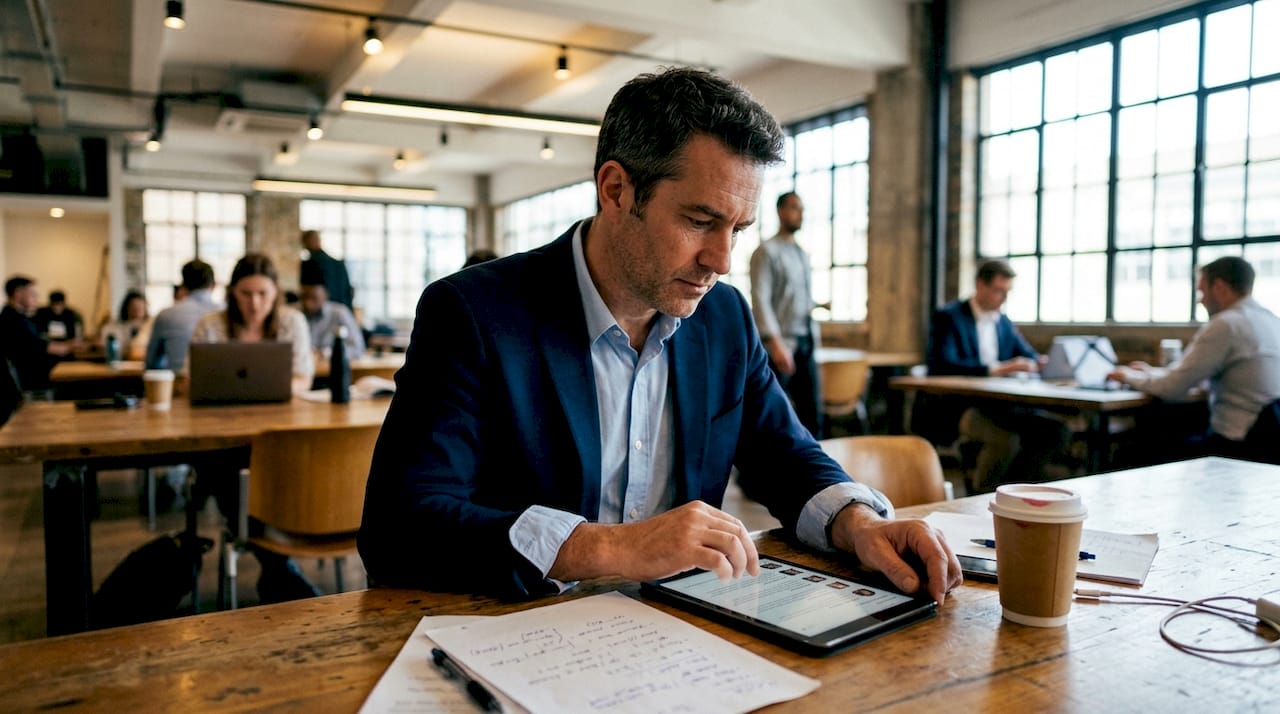 Recruiter reviewing profiles in coworking space