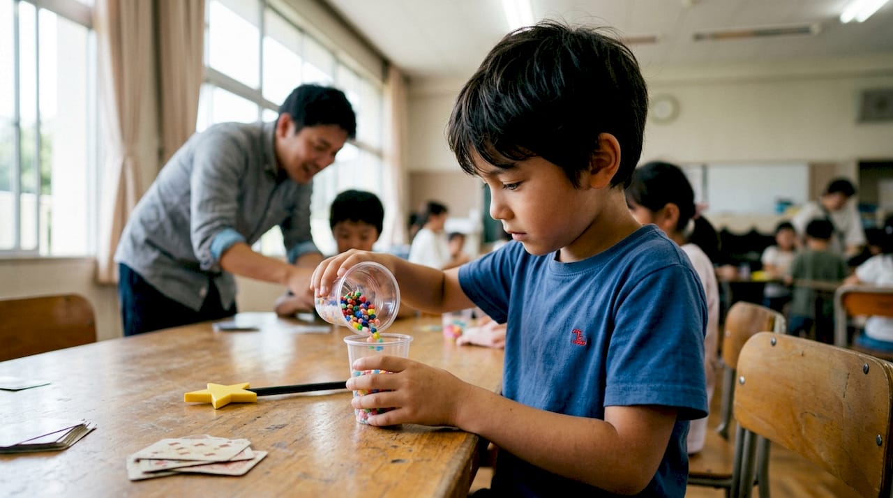 Un bambino si diverte a provare il trucco sotto lo sguardo attento di un adulto.