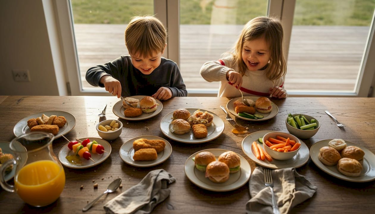 Angolo buffet per bambini con piatti allegri e stuzzichini sfiziosi