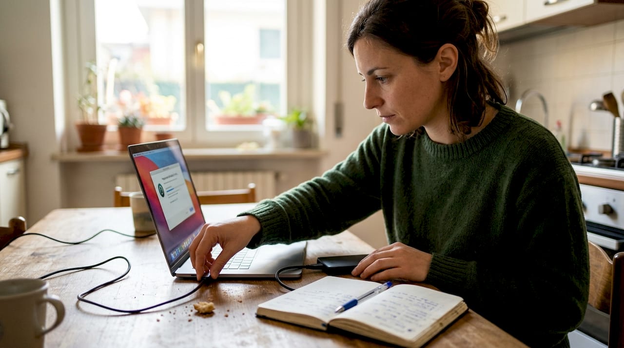 Una donna collega un hard disk esterno al computer per eseguire il backup del sistema.
