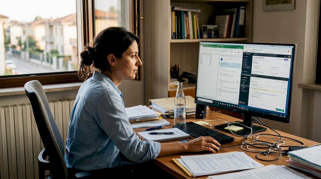Una donna lavora al computer con diverse finestre aperte sullo schermo.