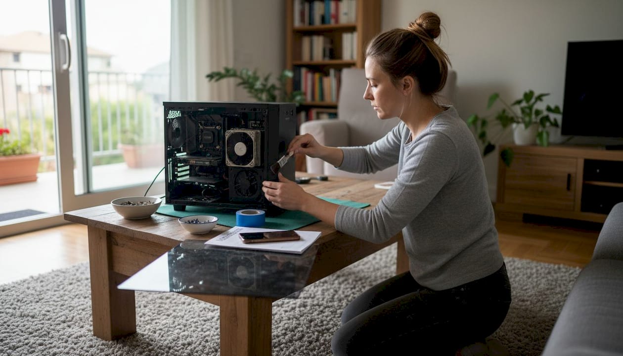 Una donna sta pulendo la polvere all’interno di un computer fisso aperto.