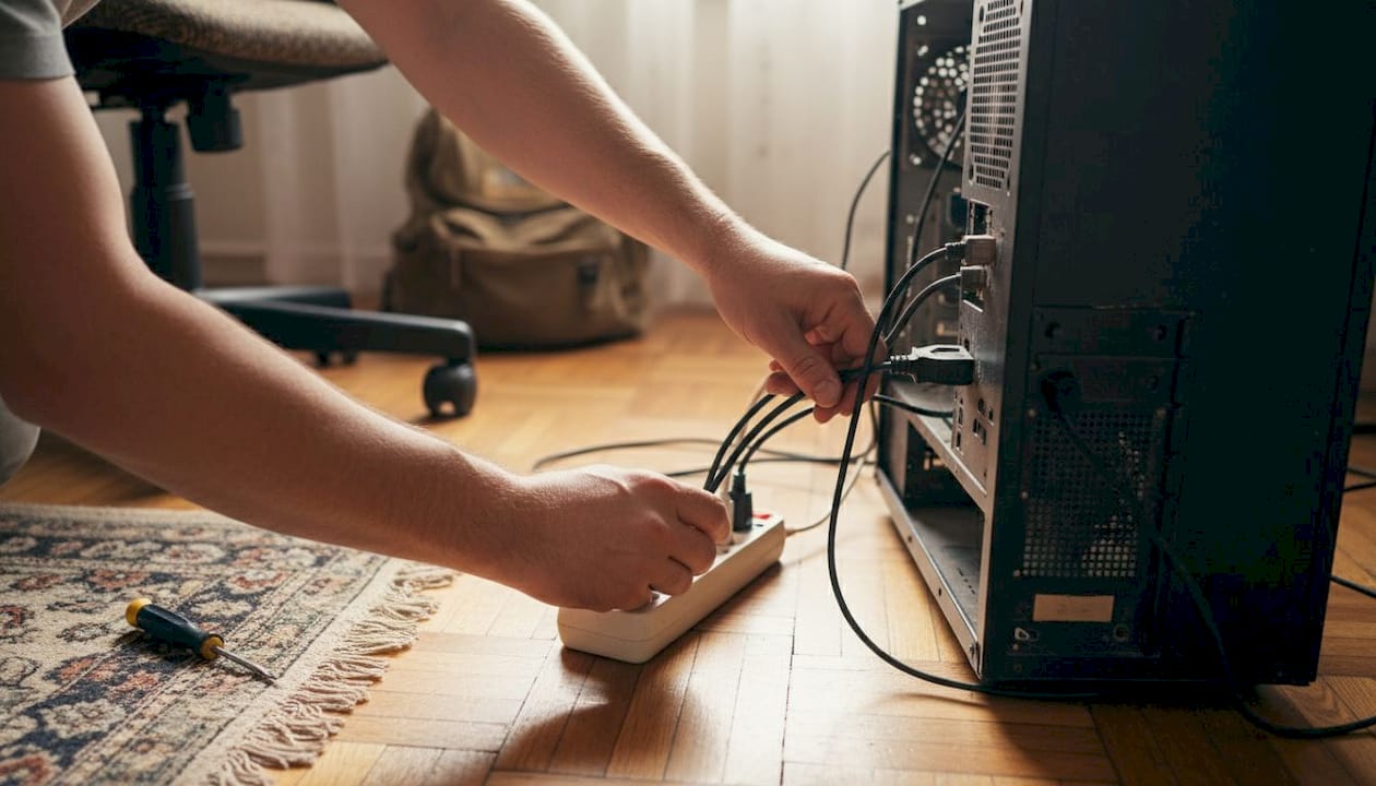 Una persona sta sistemando il cavo di alimentazione del computer di casa.