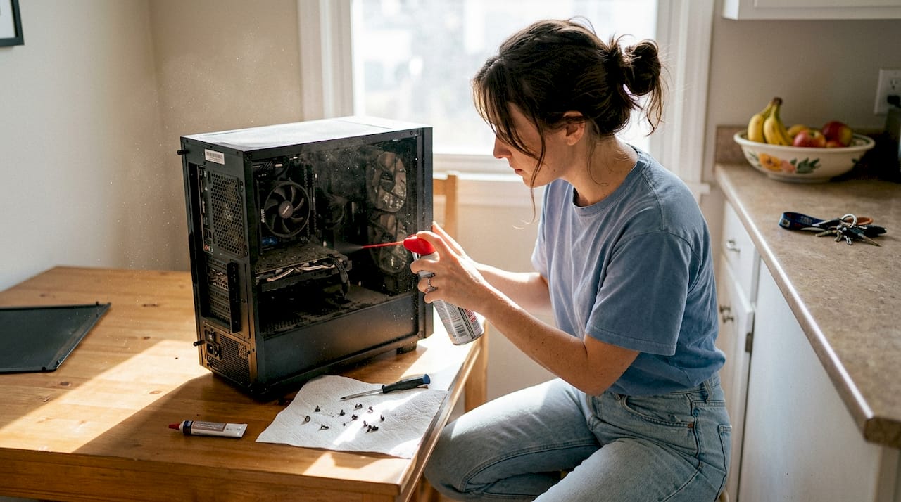 Una donna si prende cura del suo computer, rimuovendo con attenzione la polvere dalle ventole per mantenerlo sempre efficiente.