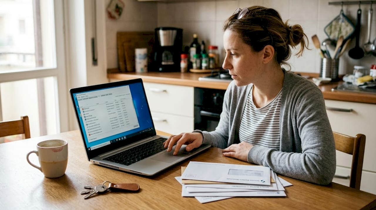 Una donna controlla i programmi che si avviano automaticamente sul suo laptop mentre prepara la colazione in cucina.