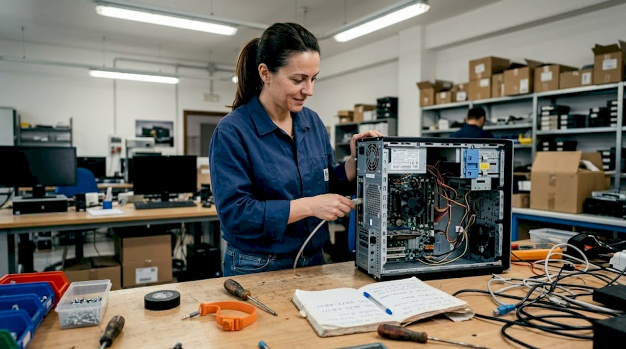 Un tecnico sta effettuando interventi su un computer fisso con il case aperto.