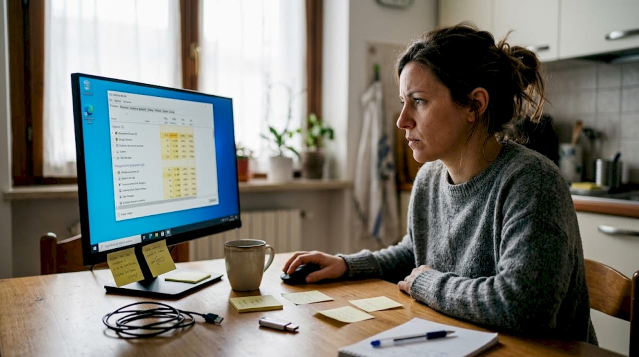 Donna alle prese con il Task Manager di Windows per risolvere problemi al computer, comodamente da casa.