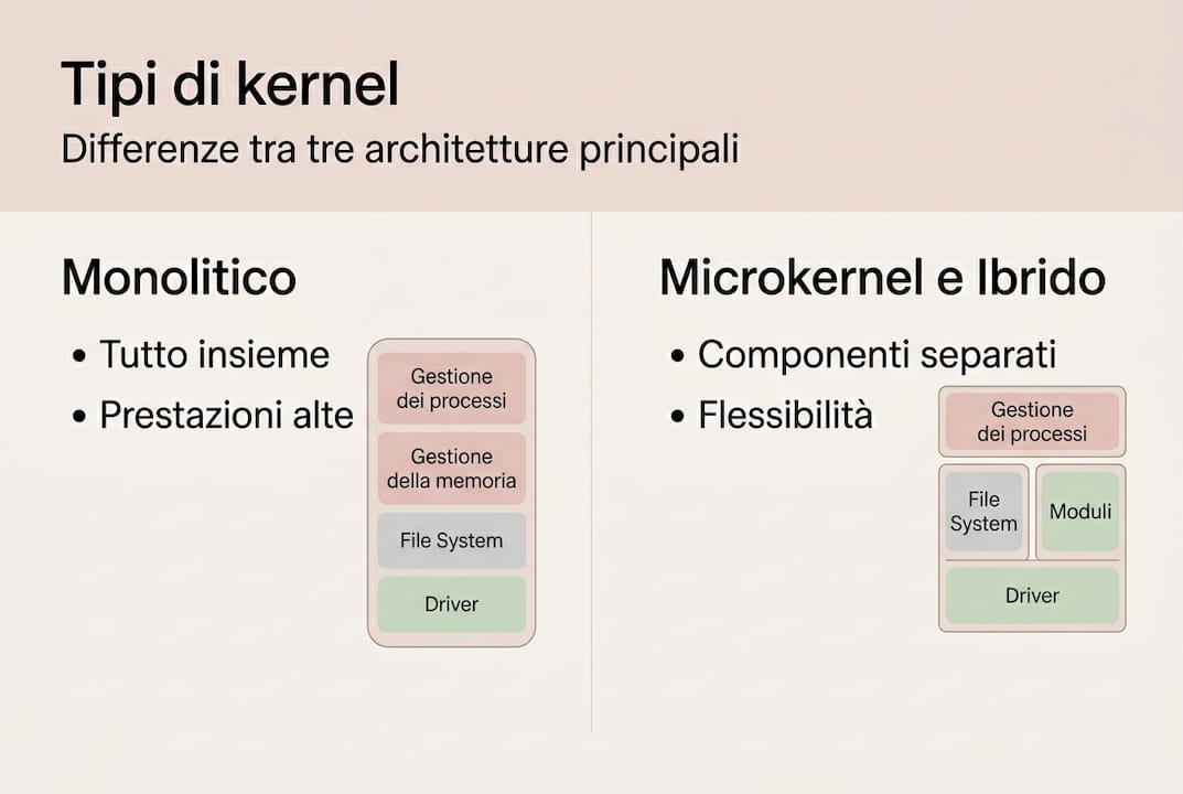 Infografica sui principali tipi di kernel nei sistemi operativi