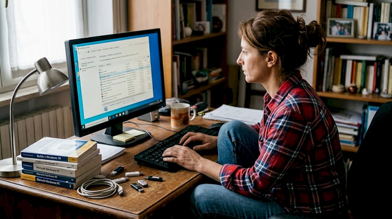 Una donna si dedica alla manutenzione del software sul computer di casa.