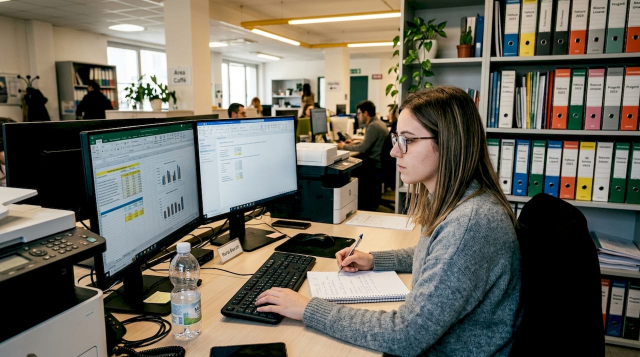 Una dipendente monitora le statistiche del servizio di assistenza informatica.