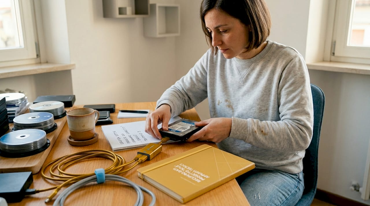 Una donna sta collegando un hard disk per recuperare dati importanti.