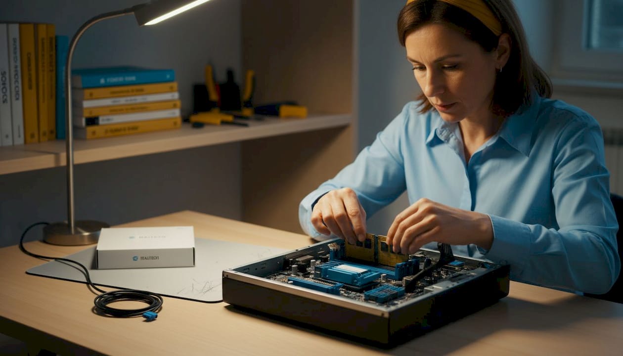 Una donna sta potenziando il suo computer nello studio installando nuova RAM.