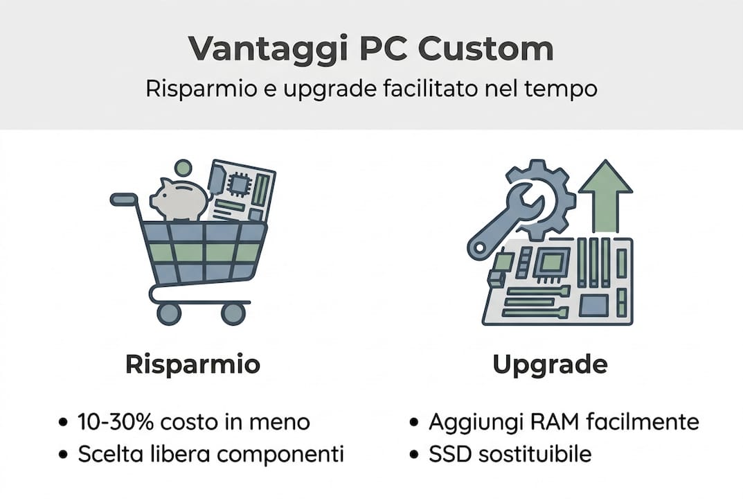 Infografica: tutti i vantaggi di un PC assemblato su misura – risparmi e possibilità di aggiornamento