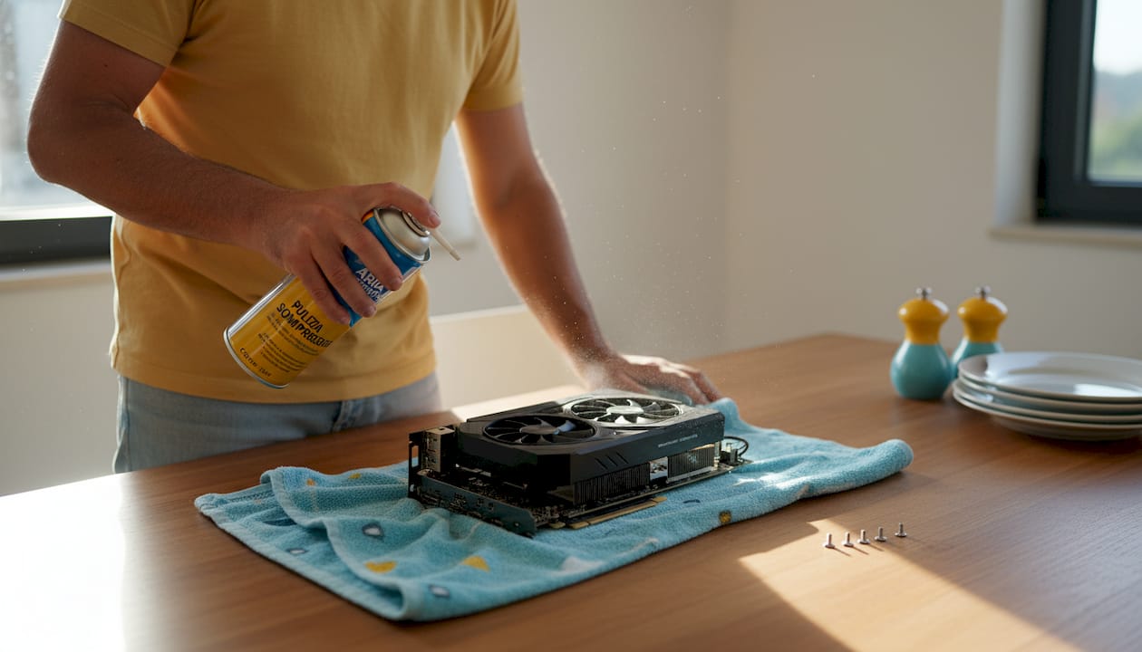 Una persona sta pulendo la scheda video sul tavolo della cucina.