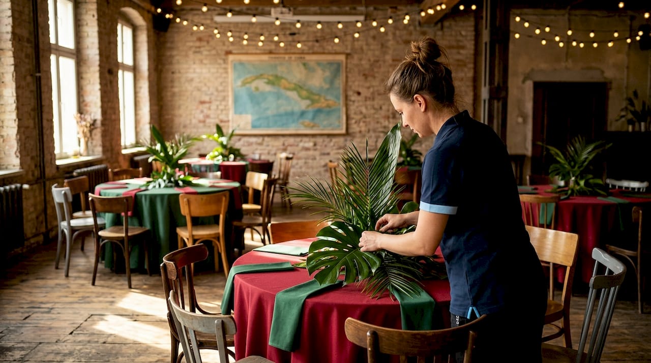 Staff arranging Cuban salsa party decorations