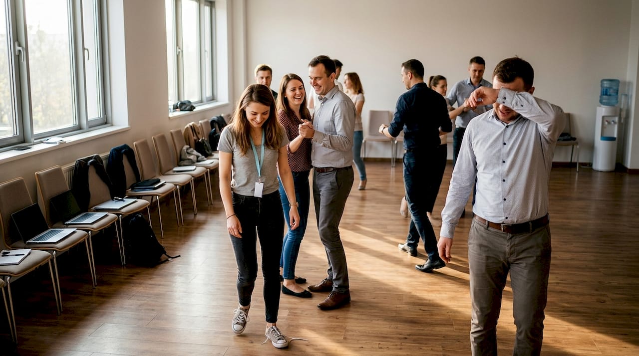 Coworkers practicing salsa for team-building