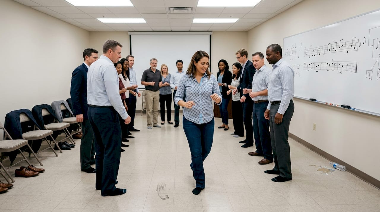 Latin dance instructor leading office workshop
