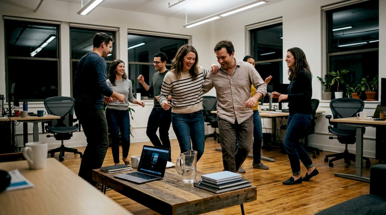 Coworkers practicing Cuban salsa steps