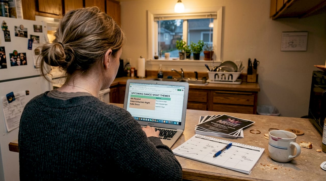 Organizer planning dance night themes at home