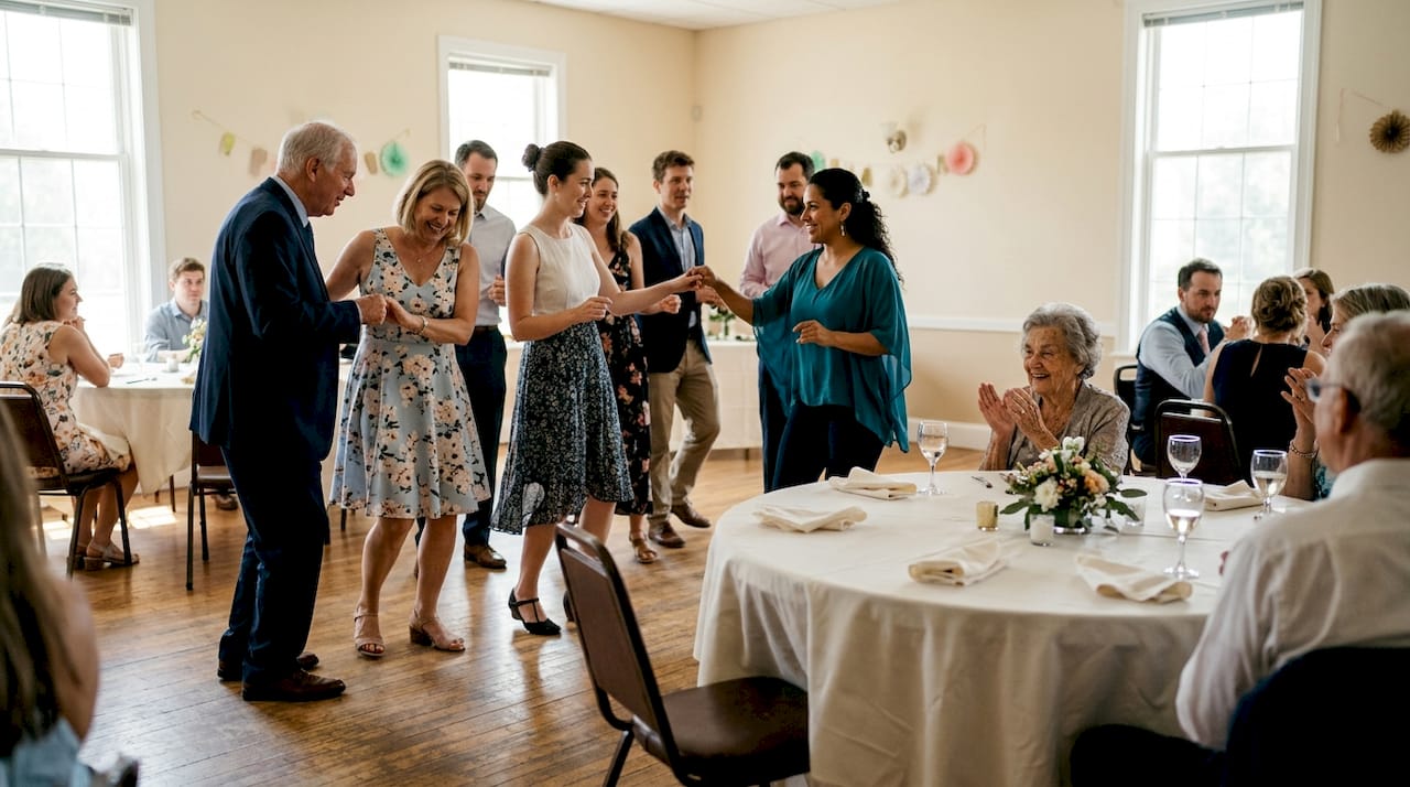 Salsa dancer guides wedding guests dance