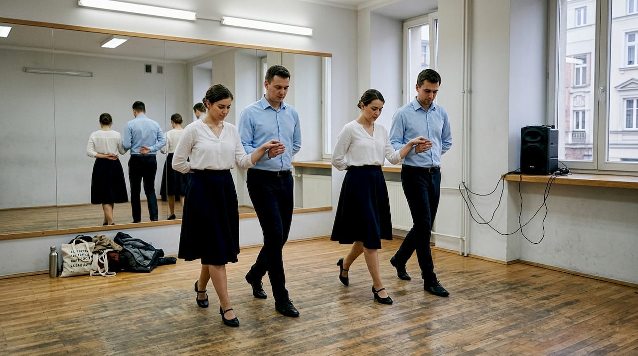 Adults practicing Polish folk dance in studio