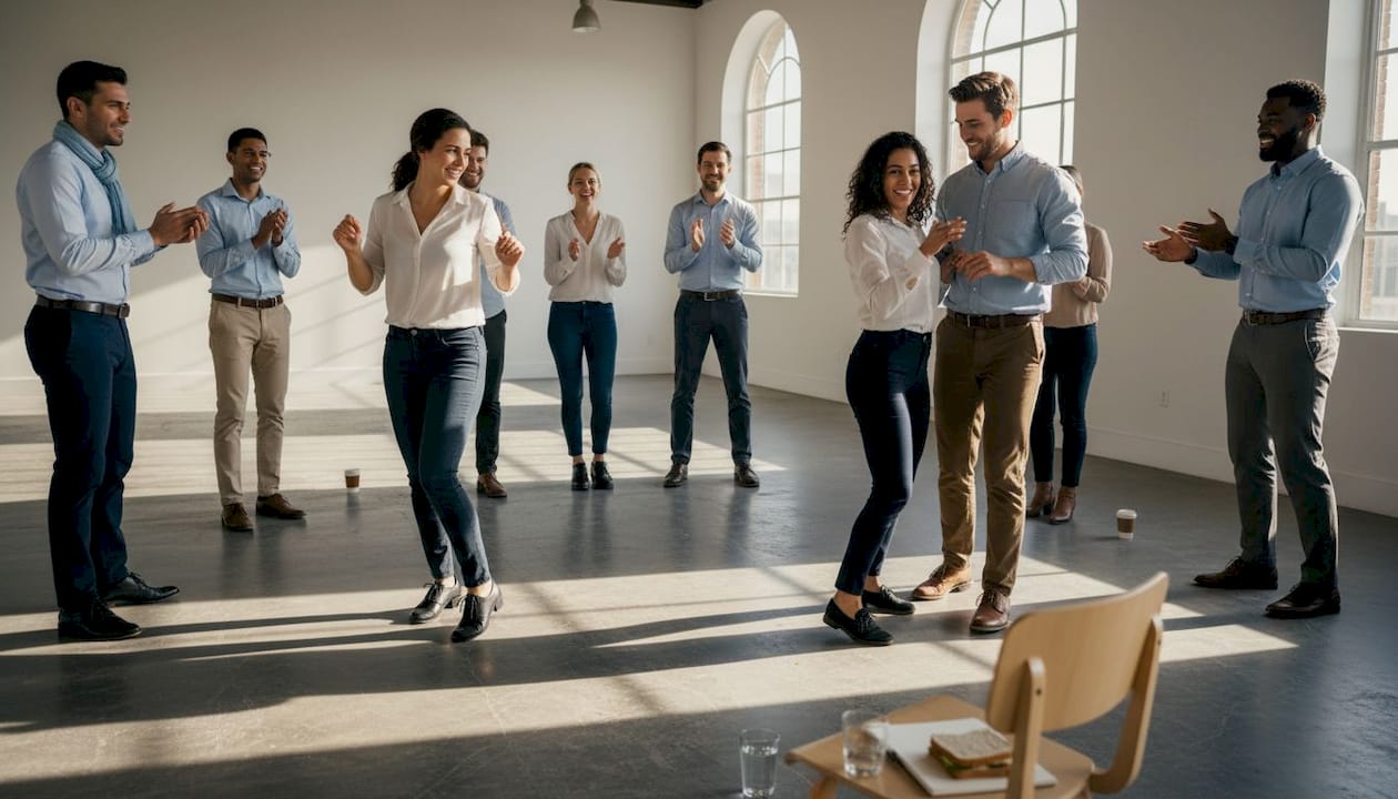Coworkers learning salsa in group workshop