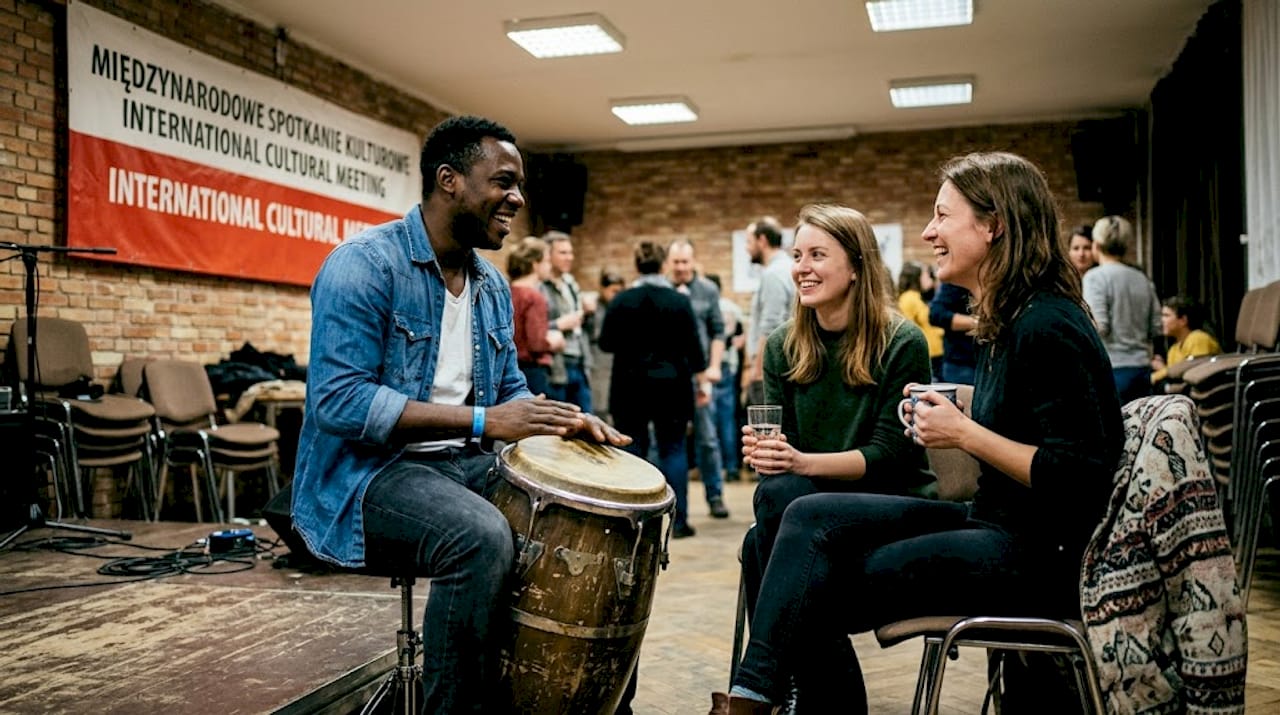 Cuban salsa performer relaxing with Polish guests