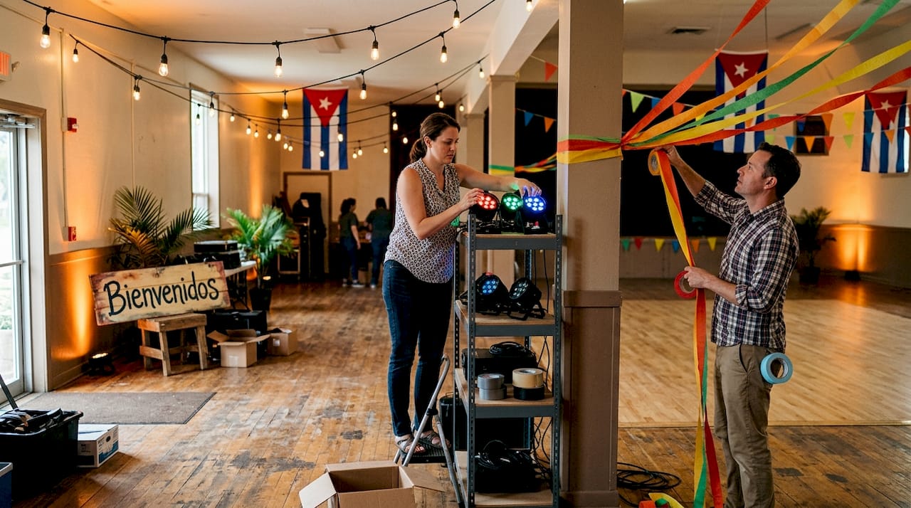 Volunteers decorating salsa dance venue with lights