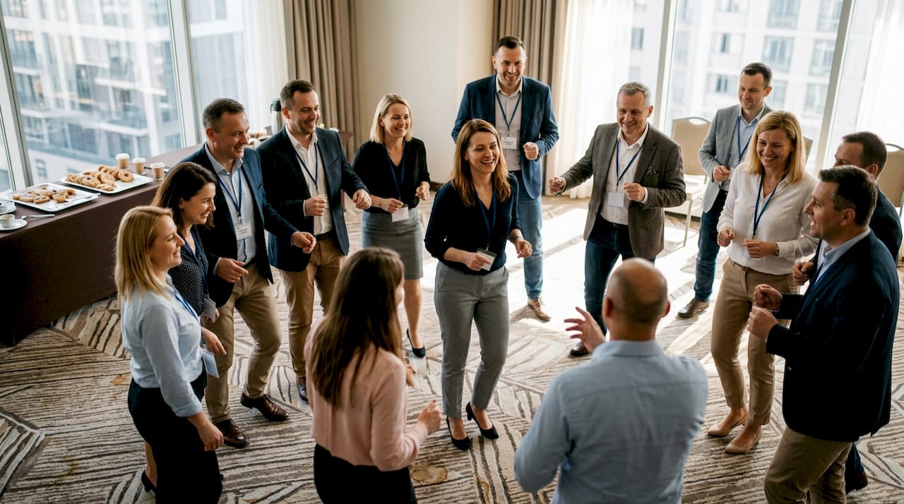 Corporate group attending salsa rueda workshop