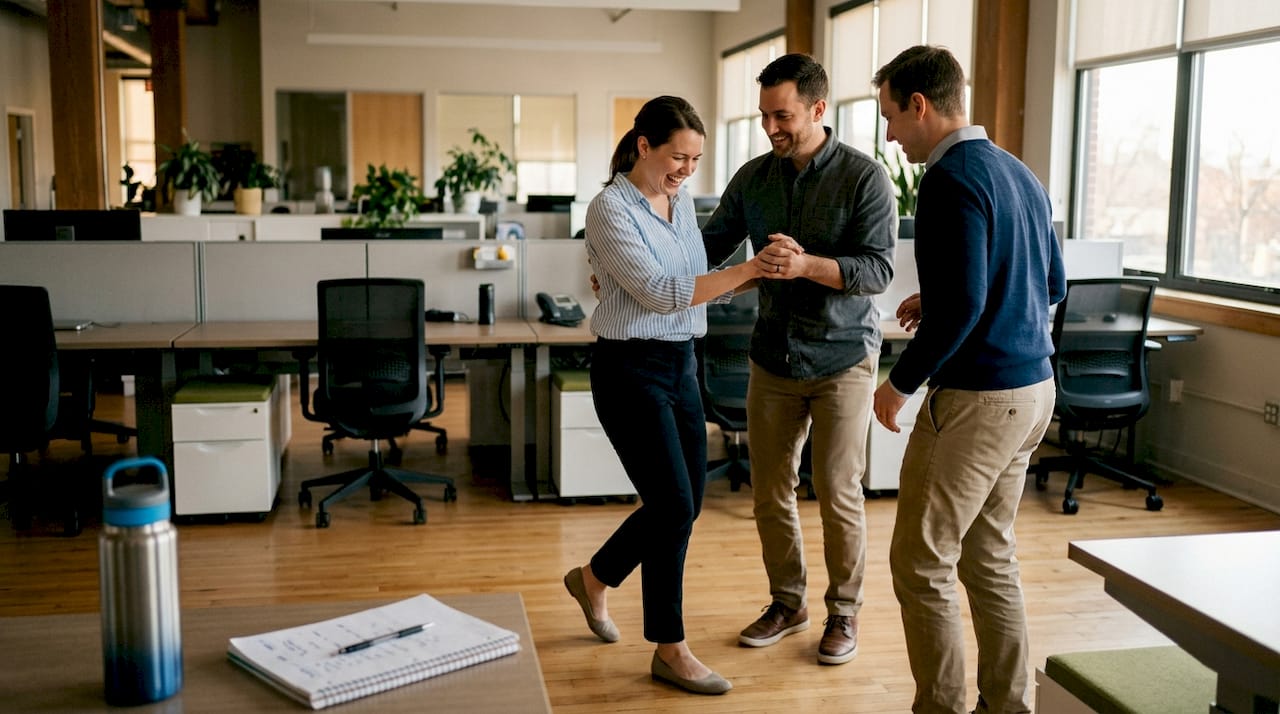 Colleagues practicing salsa steps team-building