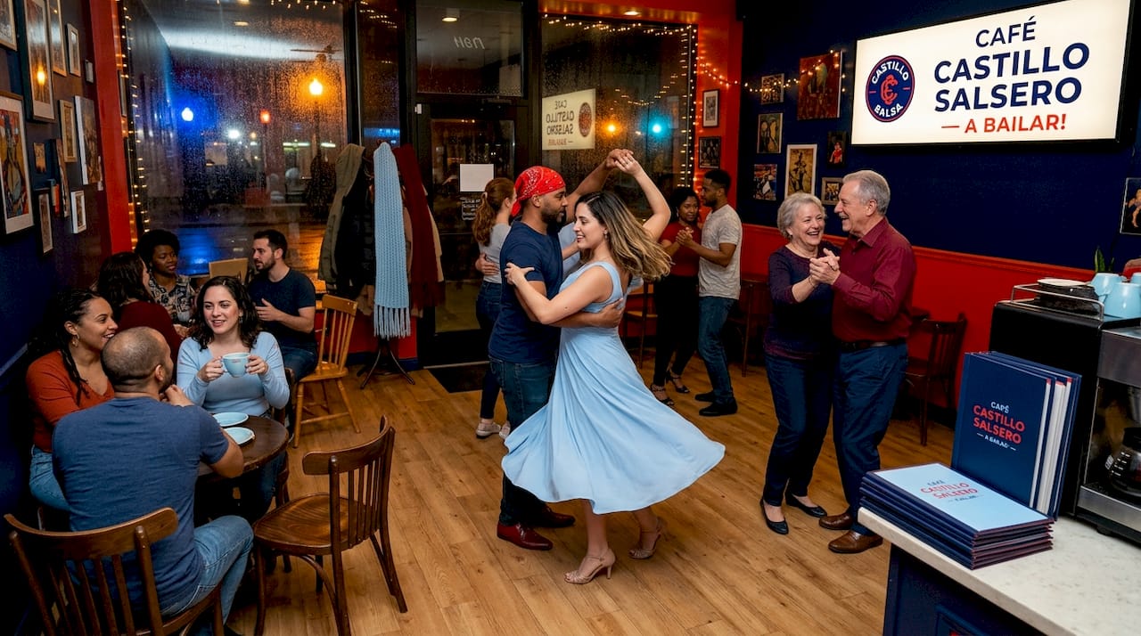 Dancers practicing salsa and socializing in café