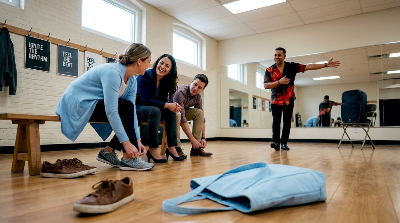 Employees preparing for dance in studio