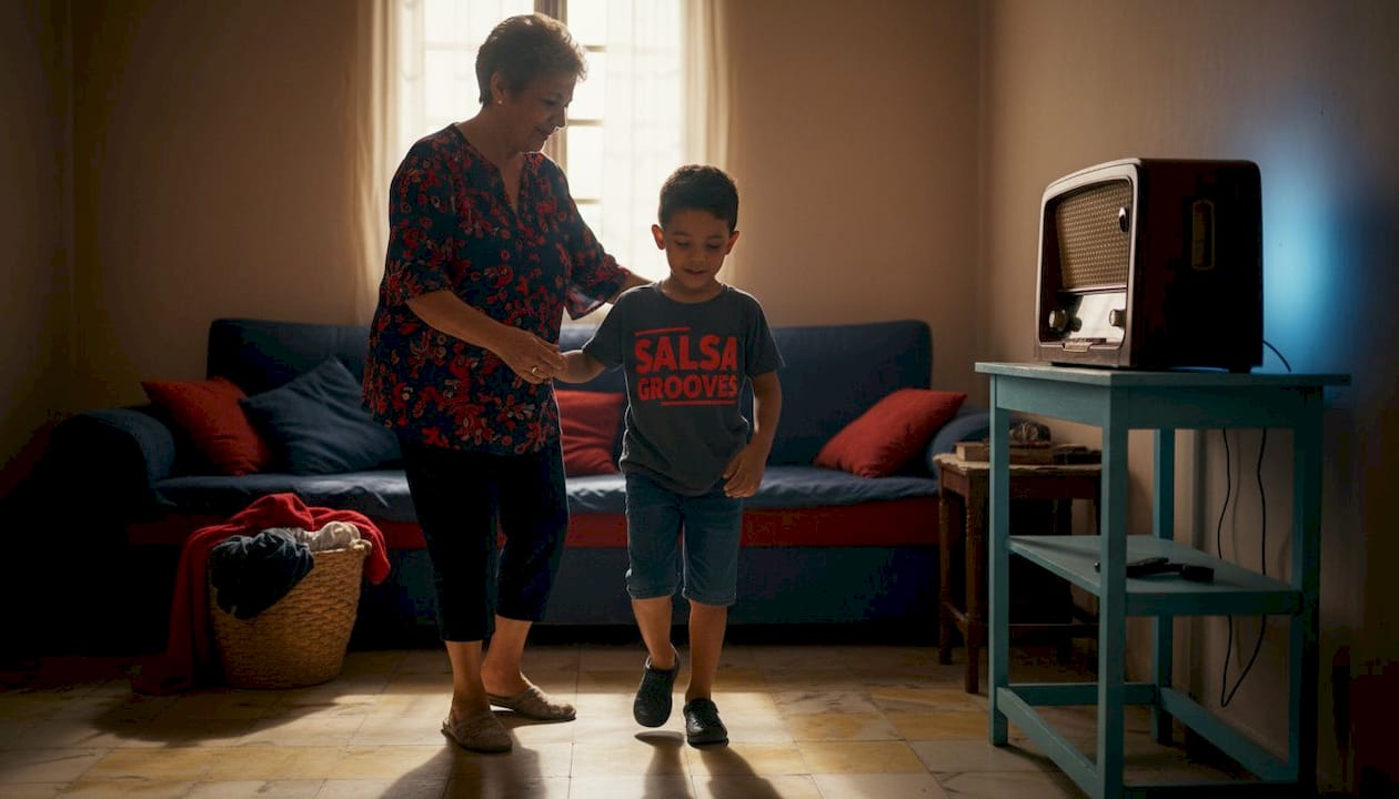 Grandmother teaches Cuban dance to child