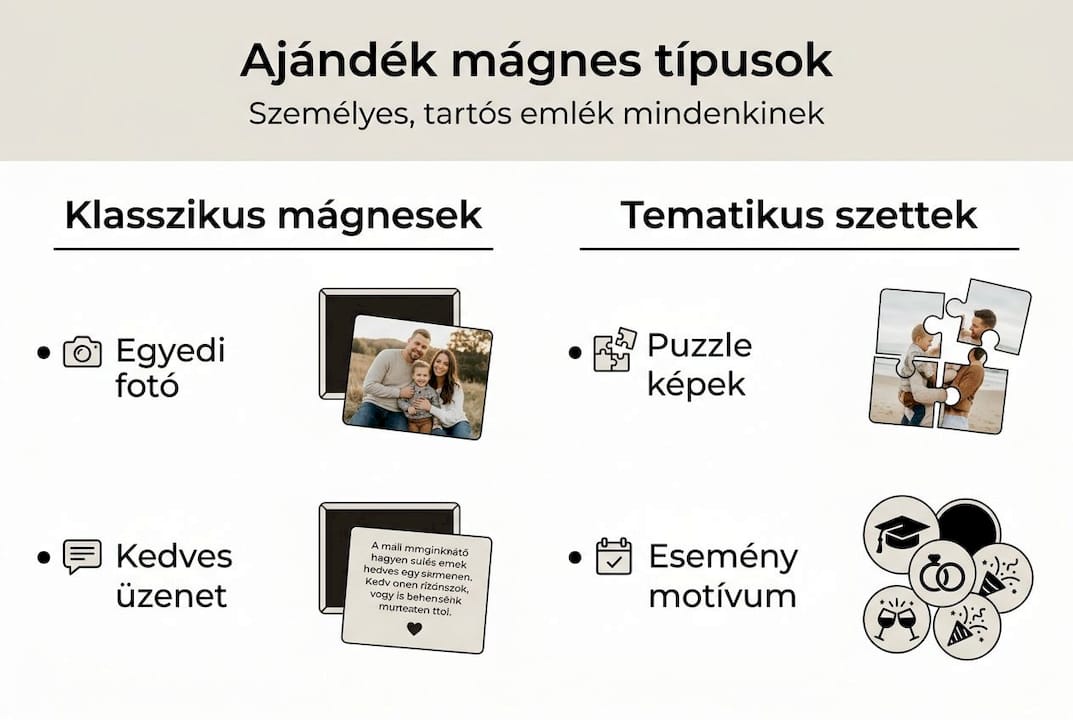 Milyen típusú mágneseket választhatsz ajándéknak? Infografika a legnépszerűbb mágnes ajándékokról.