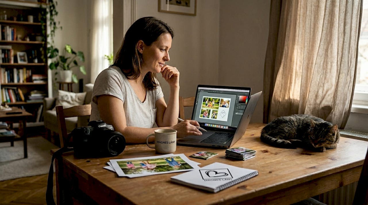 Egy nő éppen fotómágneseket tervez a laptopján.
